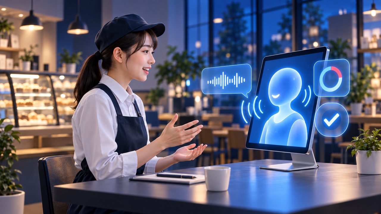 セルフロープレシステム（AI Talks）：スタッフがAIキャラクターと接客ロープレをしているイメージ