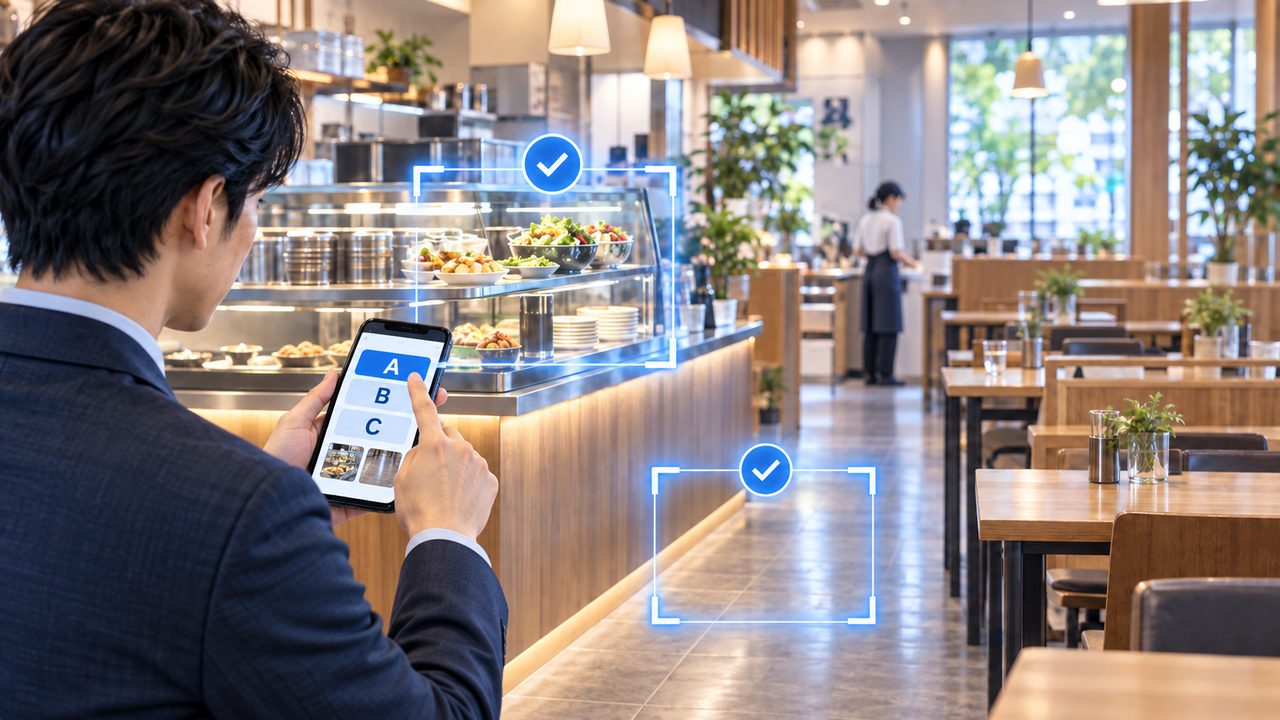 QSCチェックシステム：スマートフォンで店舗写真を撮影しAIがQ・S・Cを判定するイメージ